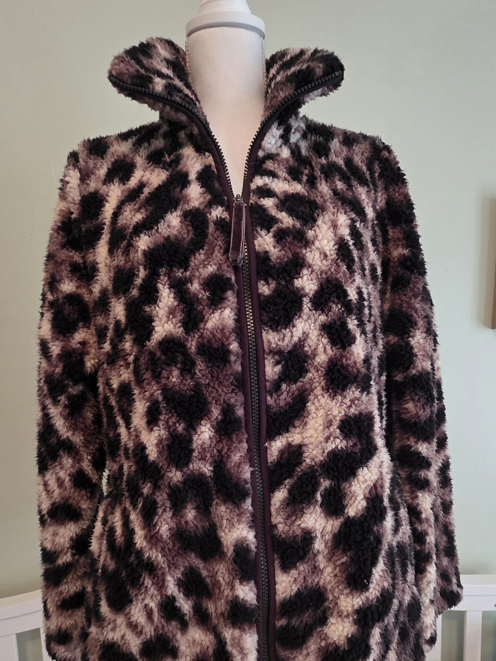 Leopard Teddy Zip-Up Jacket in Brown and Purple